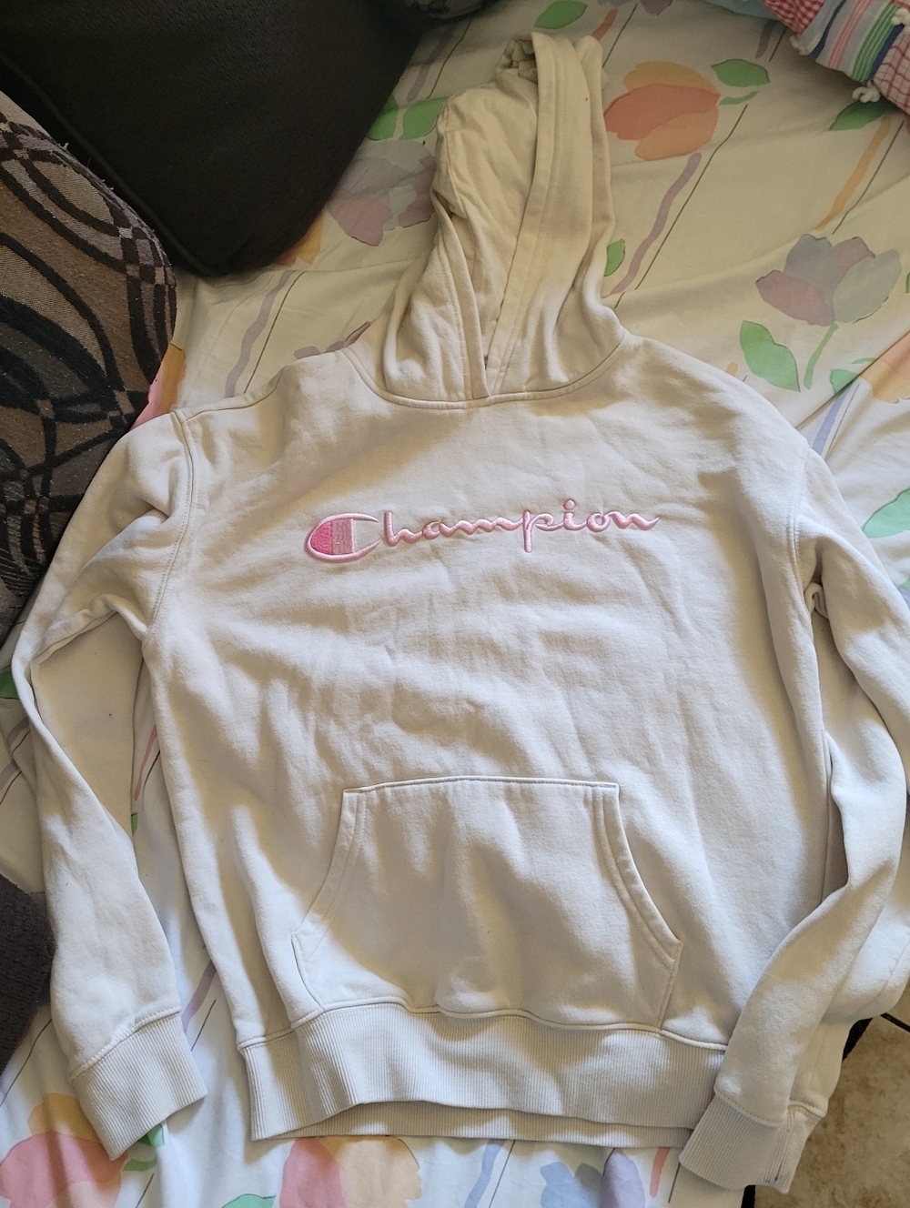 Champion Embroidered Hoodie in Light Cream with Pink Logo